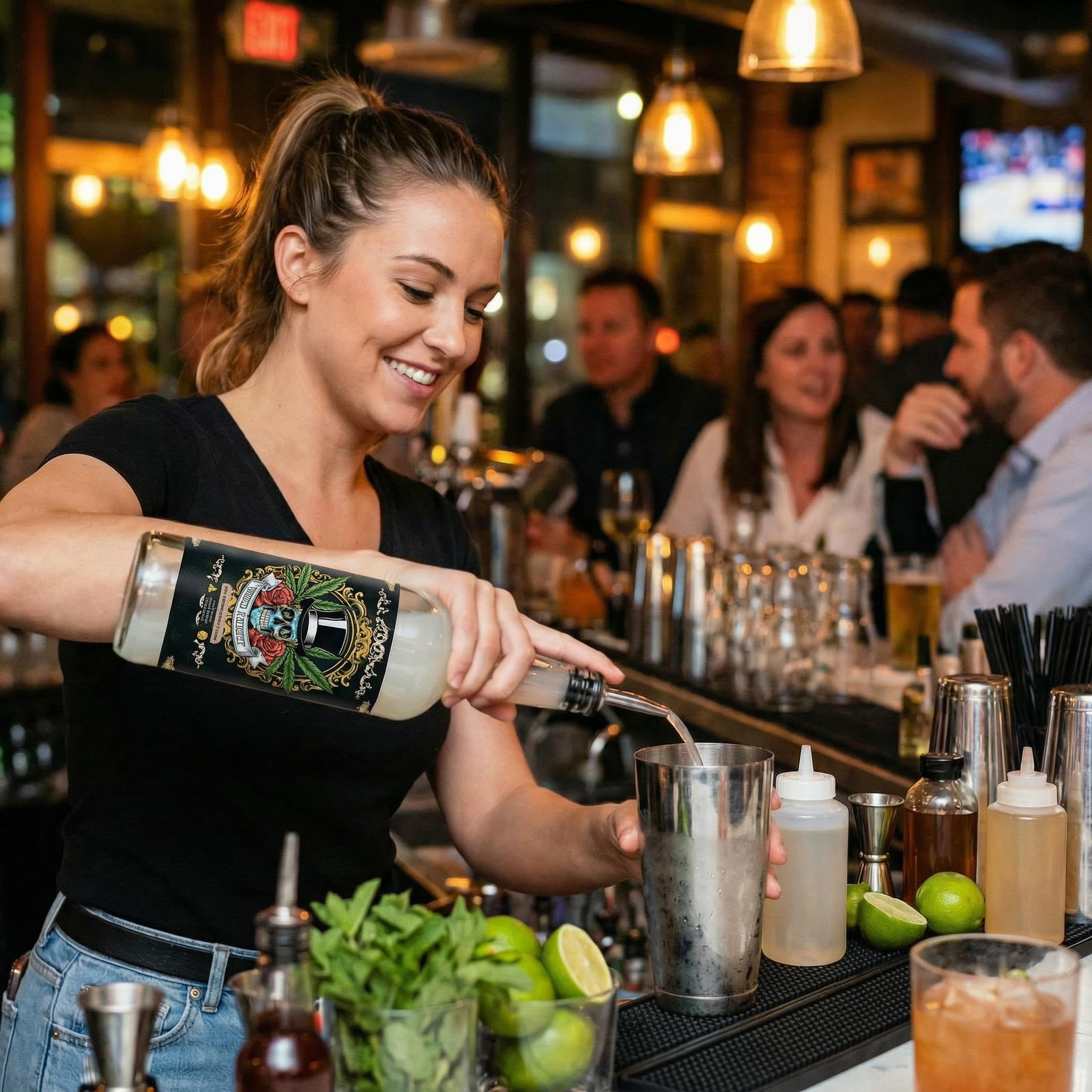 Bartender pouring High Society mixer